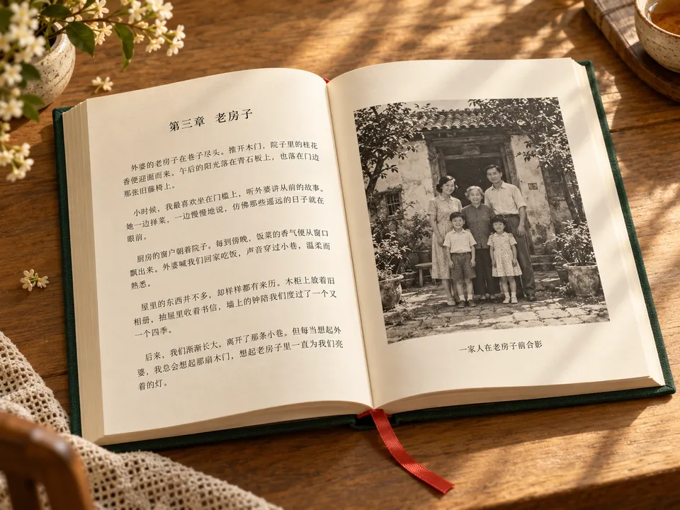 翻开的回忆录内页,左页正文,右页老照片